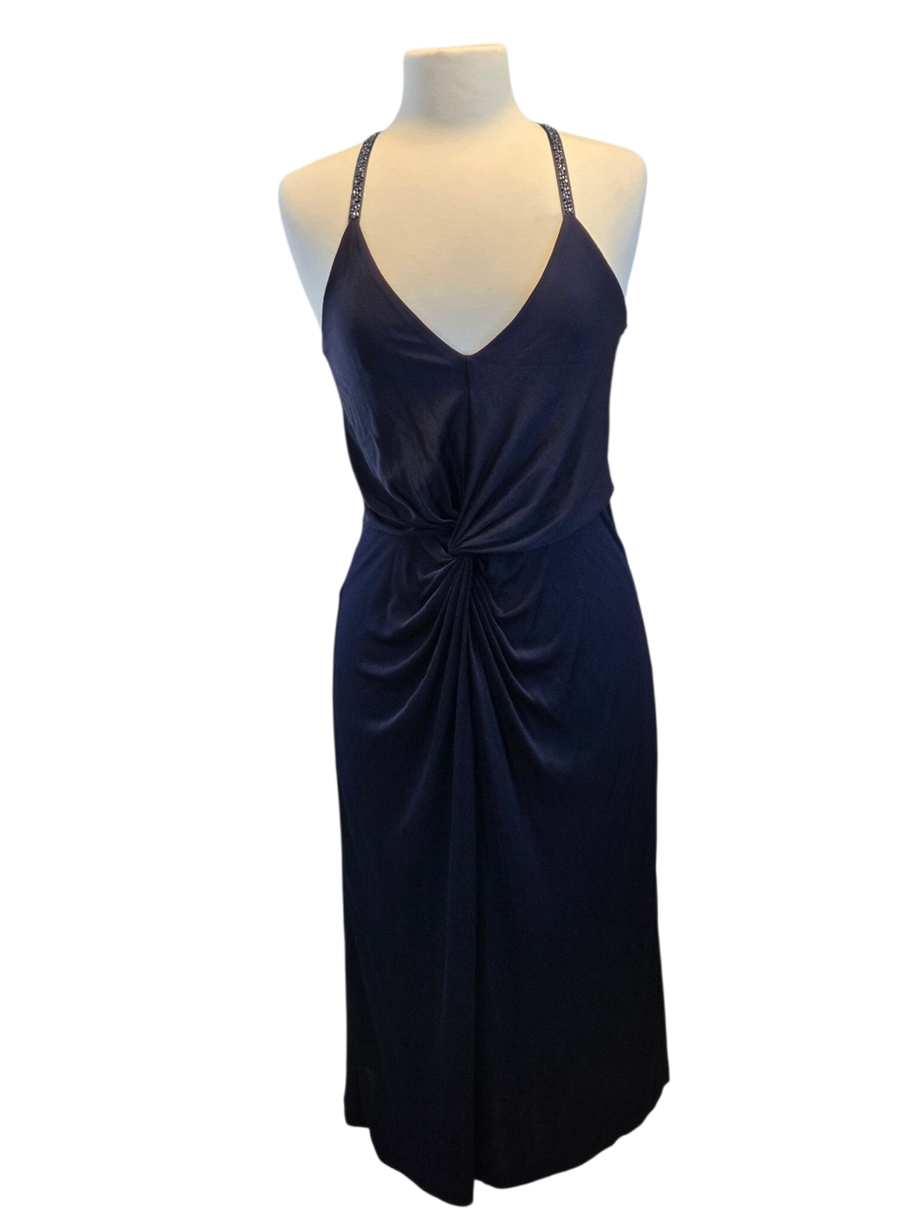 Banana Republic. Navy Twist-Front Beaded Spagetti Strap Dress Size 8
